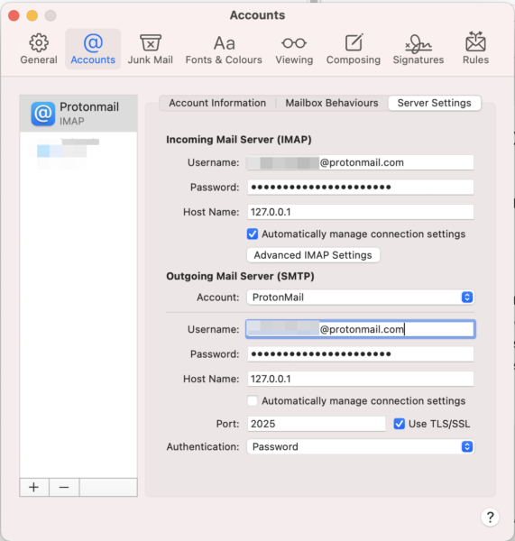 Proper SMTP settings for ProtonMail in Apple Mail on macOS Big Sur
