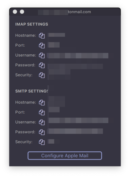 ProtonMail Bridge SMTP config with Apple Mail on macOS Big Sur - ProtonMail Bridge Mailbox Configuration window