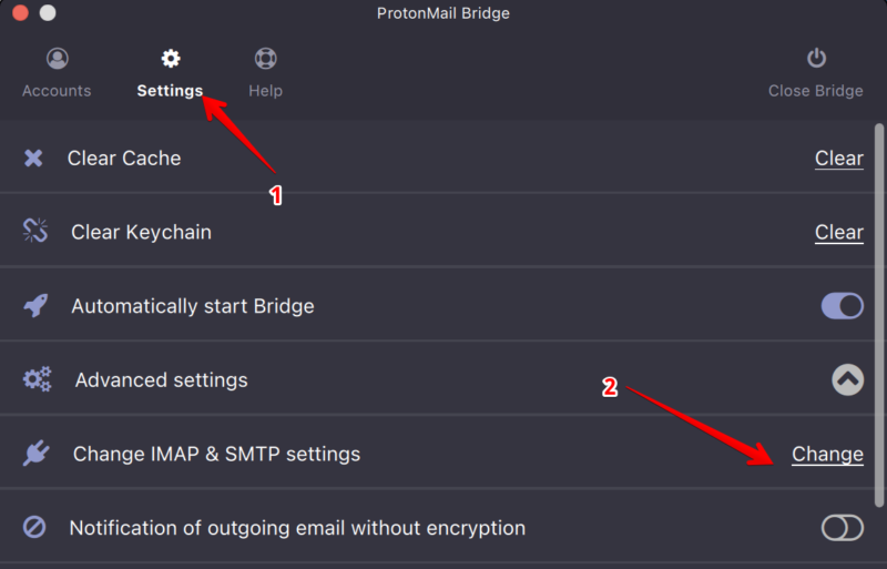 ProtonMail Bridge change server settings