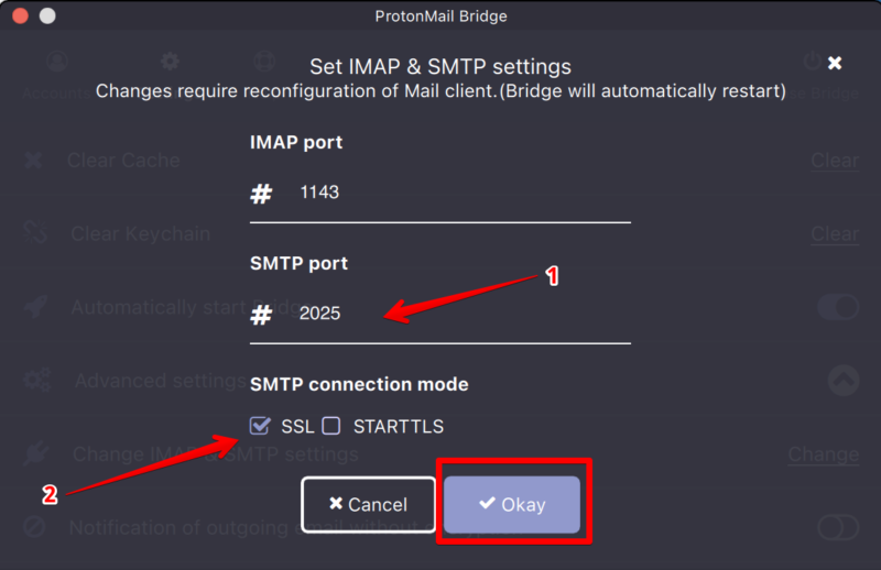 ProtonMail Bridge change server and SSL